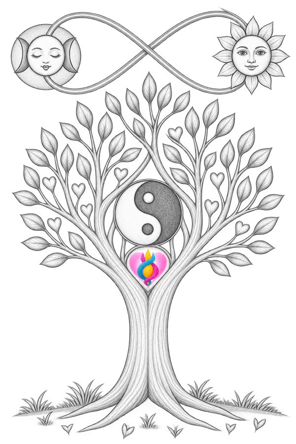 Arbre spirituel yin-yang et cœur flamboyant